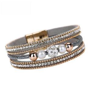 Multilayer Bangle Crystal Beaded Leather Magnetic Wristband Women